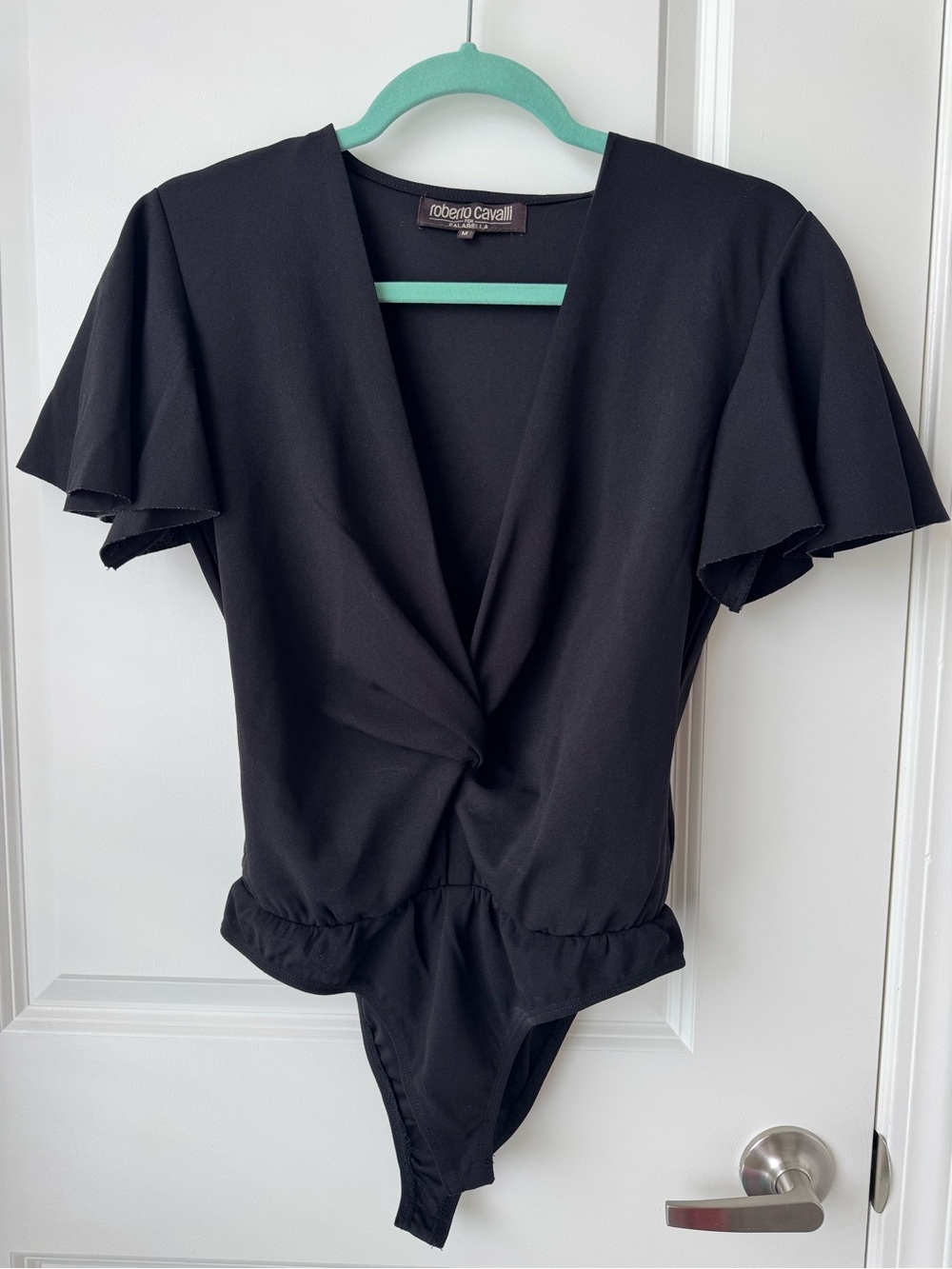 Roberto Cavalli Black V-Neck Twist-Front Bodysuit, size M